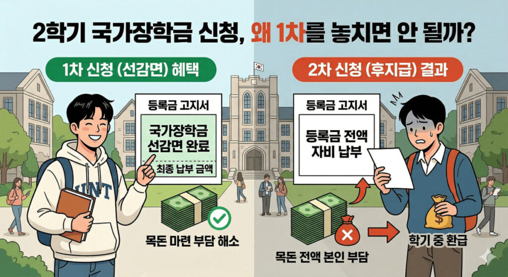 2학기 국가장학금 신청 1차 선감면 혜택과 2차 후지급 결과 비교 인포그래픽