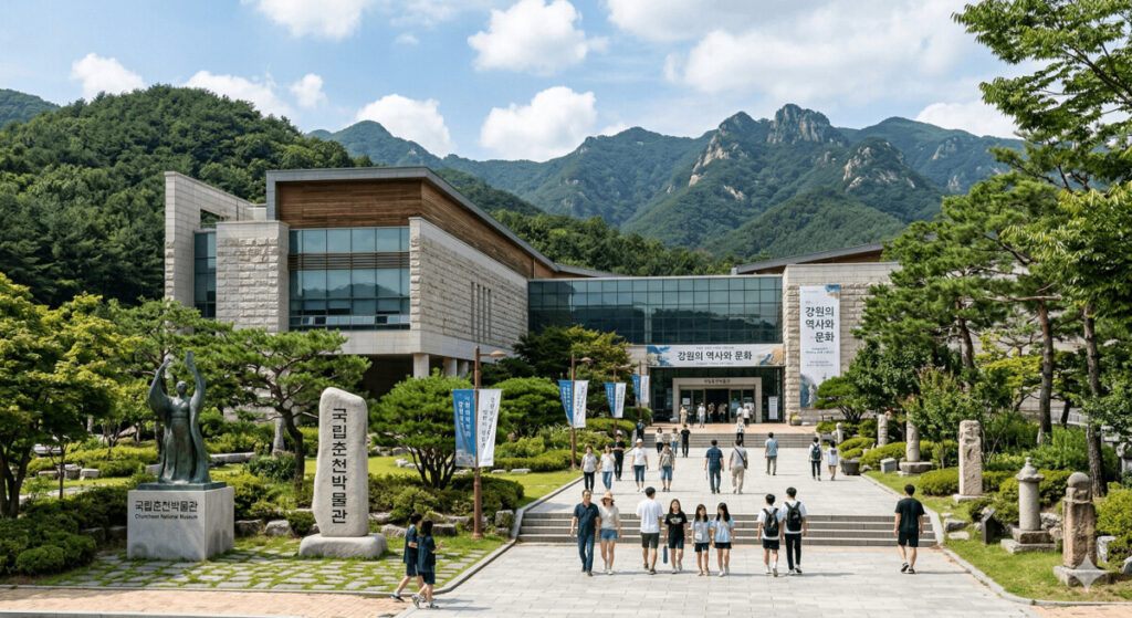 웅장한 산세 앞에 위치한 국립춘천박물관 본관 전경. 입구로 향하는 넓은 광장에 관람객들이 거닐고 있으며, 왼쪽에는 박물관 표석과 청동 조각상이 세워져 있는 맑은 하늘 아래의 풍경.