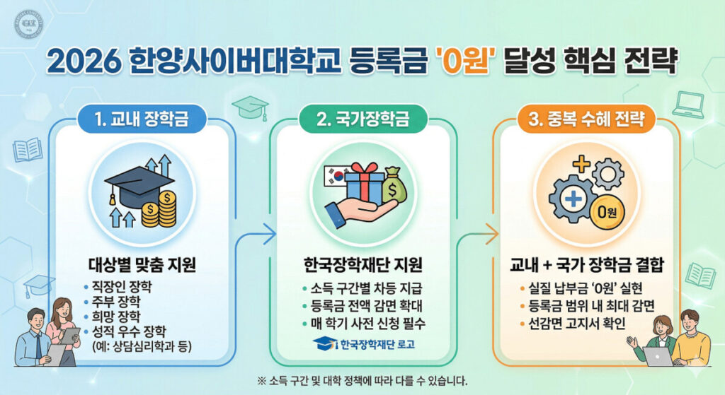 2026 한양사이버대학교 등록금 0원 달성을 위한 교내 장학금 및 국가장학금 중복 수혜 전략