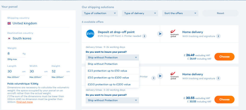 해피포스트 공식 웹사이트 배송 및 보험 옵션 이미지