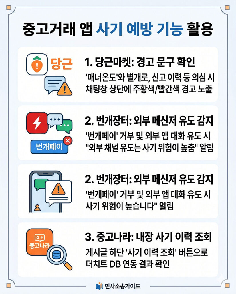 국내 주요 중고거래 앱의 내장된 사기 예방 기능을 한눈에 보여주는 인포그래픽입니다. 당근마켓의 '경고 문구 확인', 번개장터의 '외부 메신저 유도 감지', 중고나라의 '내장 사기 이력 조회' 등 각 플랫폼별로 특화된 필터링 시스템과 실시간 경고 기능을 아이콘과 함께 직관적으로 설명하여 안전한 거래를 돕습니다.