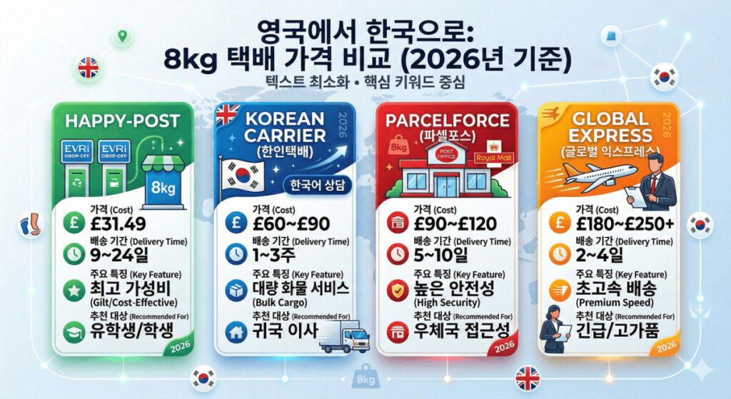2026년 기준 영국에서 한국으로 보내는 택배 업체별 비용 비교표. 해피포스트, 한인택배, 파셀포스, 글로벌 특송의 가격, 배송 기간, 특징을 한눈에 보여주는 인보그래픽입니다. 해피포스트 이용 후기 기반 8kg 기준 £31.49 가성비 옵션 강조