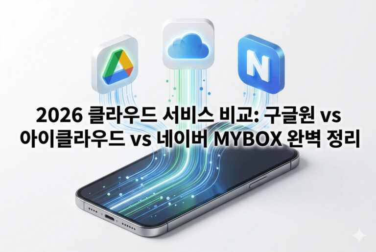 깨끗한 흰색 배경 위에 스마트폰이 놓여 있고, 그 위로 구글 드라이브, 아이클라우드, 네이버 MYBOX를 상징하는 3D 아이콘들이 빛나는 데이터 스트림으로 연결되어 떠 있는 모습. 중앙에는 '2026 클라우드 서비스 비교: 구글원 vs 아이클라우드 vs 네이버 MYBOX 완벽 정리'라는 검은색 굵은 한국어 텍스트가 강조되어 있음.