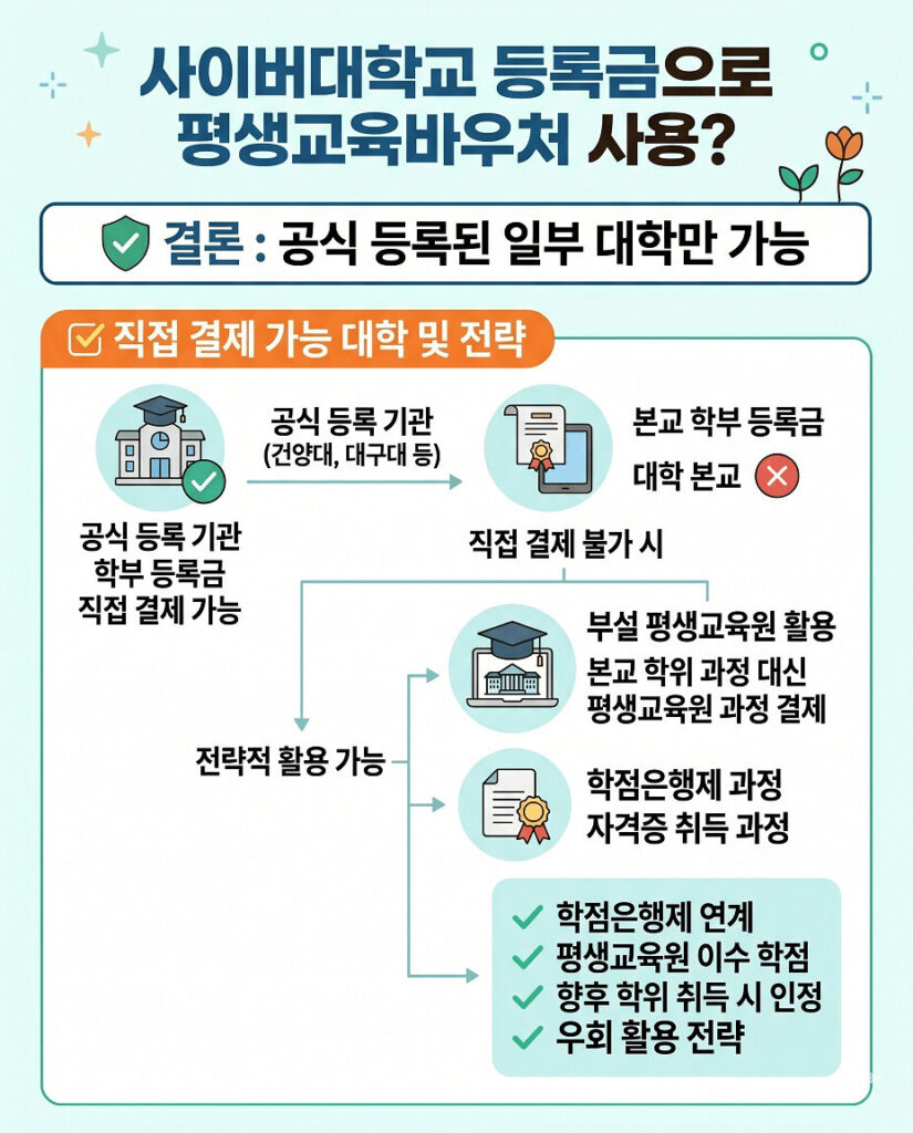사이버대학교 등록금의 평생교육바우처 사용법을 설명하는 이미지입니다. 건양사이버대, 대구사이버대 등 공식 등록 기관에서의 직접 결제 방법과, 그 외 대학에서 부설 평생교육원의 학점은행제 과정을 통해 우회하여 학점을 이수하고 바우처를 사용하는 전략을 시각적으로 안내합니다.