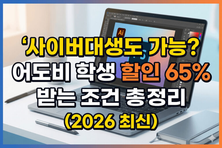 '사이버대생도 가능? 어도비 학생 할인 65% 받는 조건 총정리 (2026 최신)'라는 크고 명확한 한국어 텍스트가 중앙에 배치된, 1200x800 크기의 전문적인 디자인 썸네일 이미지. 노트북과 어도비 앱 로고, 65% 할인 표시가 함께 보입니다.