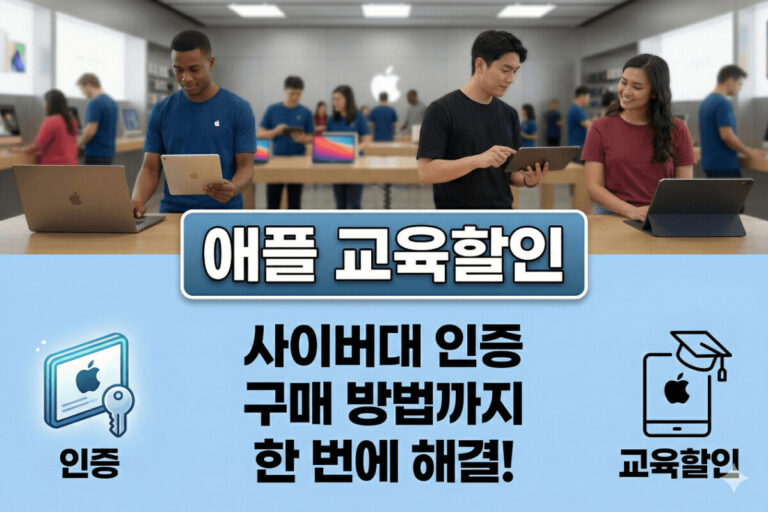 애플 스토어 매장을 배경으로 '애플 교육할인: 사이버대 인증 구매 방법까지 한 번에 해결!'이라는 문구가 적힌 블로그용 썸네일 이미지