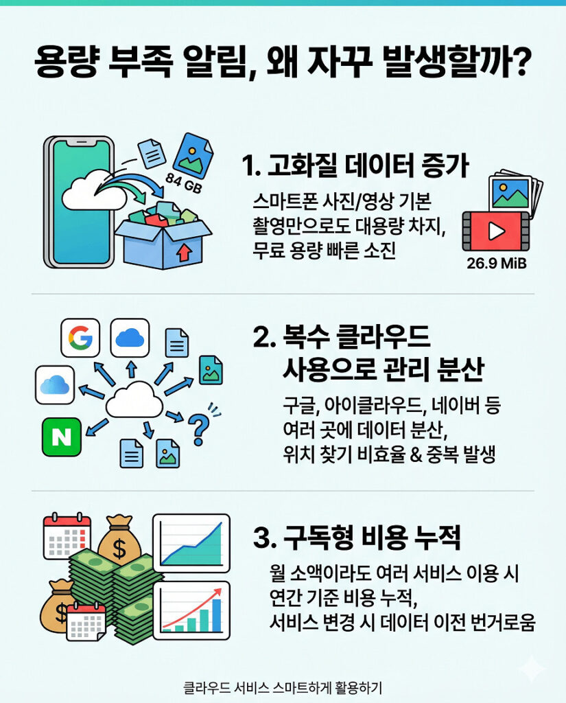 왜 클라우드 저장 용량 부족 알림이 계속 뜰까요? 이 인포그래픽은 고화질 사진과 영상으로 인한 데이터 증가, 복수 서비스 사용 시 관리 효율 저하 및 데이터 중복, 그리고 누적되는 구독형 비용 등 3가지 핵심 원인을 아이콘과 함께 명확하게 보여줍니다.