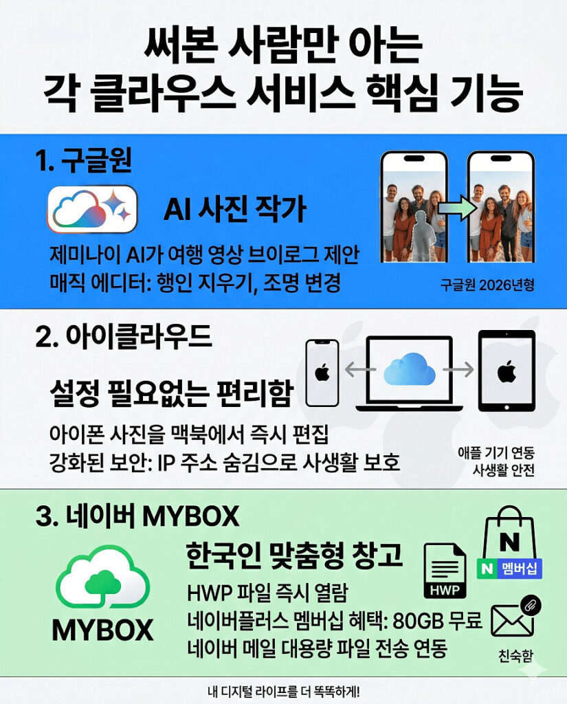 구글원, 아이클라우드, 네이버 MYBOX 등 3가지 주요 클라우드 서비스 비교의 인포그래픽입니다. 구글원의 AI 사진 편집, 아이클라우드의 '설정 필요없는 편리함'과 완벽한 기기 연동, 네이버 MYBOX의 한국인 맞춤 HWP 파일 열람 및 멤버십 혜택을 아이콘과 함께 직관적으로 설명하여 나에게 최적화된 서비스를 찾도록 돕습니다.