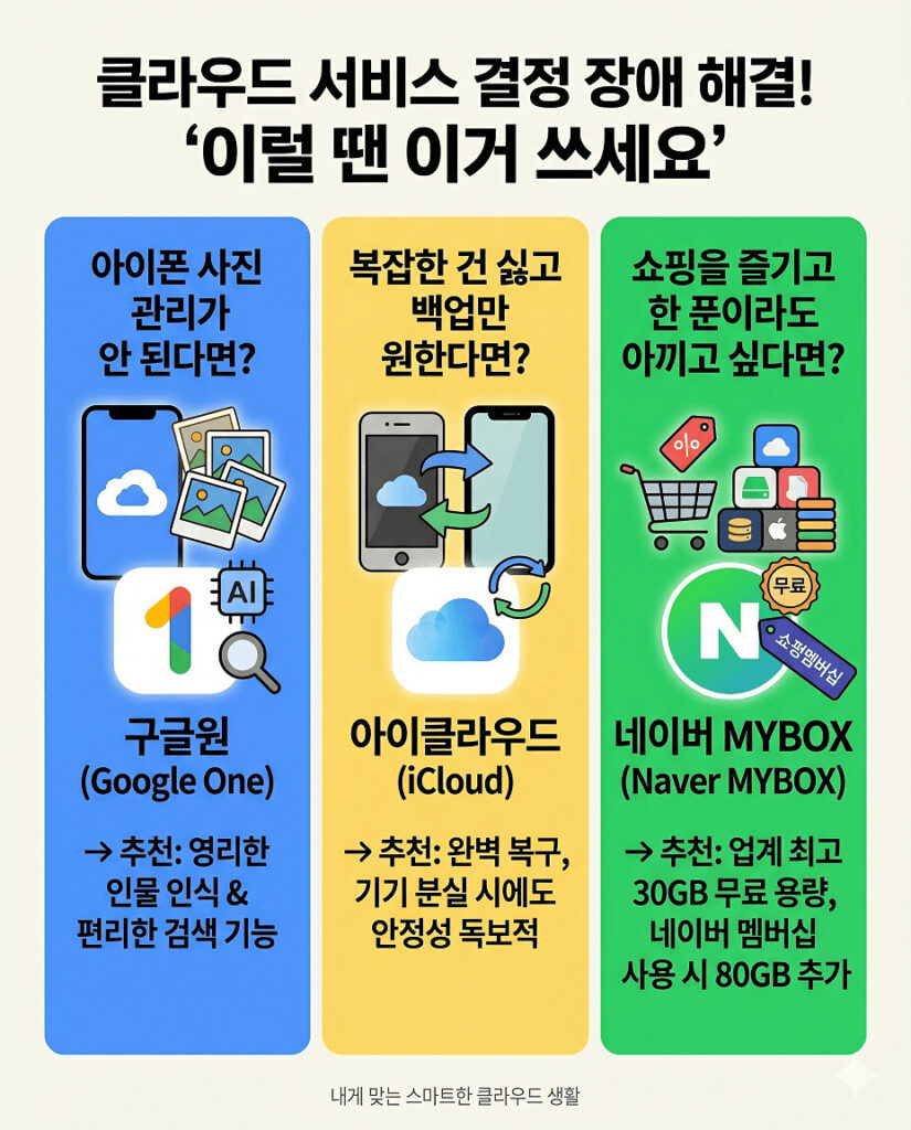 상황별 맞춤 클라우드 추천 가이드 인포그래픽입니다. 아이폰 사진 관리가 안 되면 구글원, 단순 백업을 원하면 아이클라우드, 쇼핑 혜택과 비용 절약을 원하면 네이버 MYBOX를 제안합니다. 각 열에는 관련 아이콘과 설명이 있어 한눈에 파악하기 쉽습니다.
