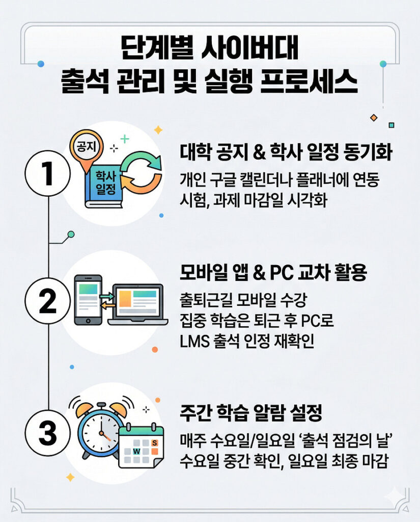 사이버대 출석 관리 및 실행 프로세스 인포그래픽. 1단계는 공지 및 학사 일정을 개인 플래너에 동기화, 2단계는 모바일과 PC로 강의 수강 후 출석 확인, 3단계는 주간 알람 설정으로 출석을 점검하는 단계별 방법을 설명합니다.