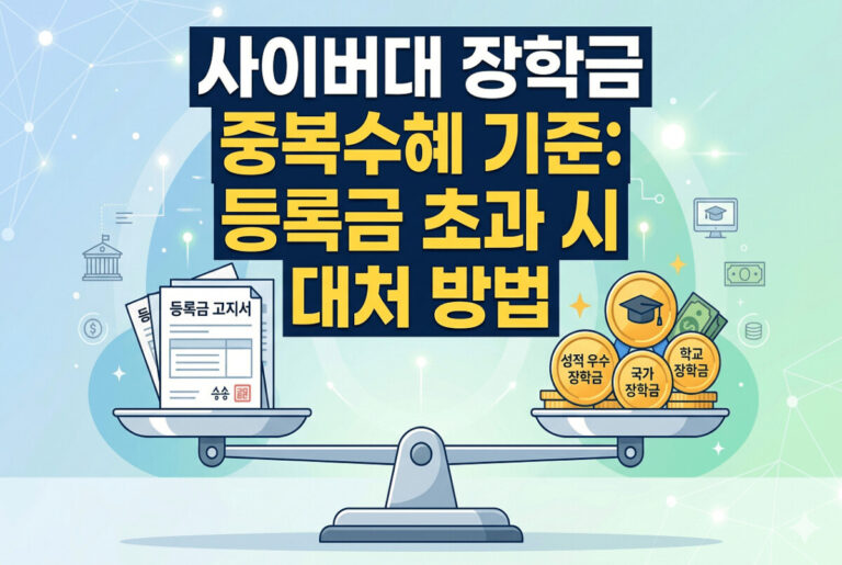사이버대 장학금 중복수혜 기준: 등록금 초과 시 대처 방법'이라는 문구가 적힌 1200x800 사이즈의 썸네일. 배경에는 등록금 고지서와 여러 종류의 장학금 동전이 저울 위에서 균형을 이루고 있는 일러스트가 포함되어 있습니다.