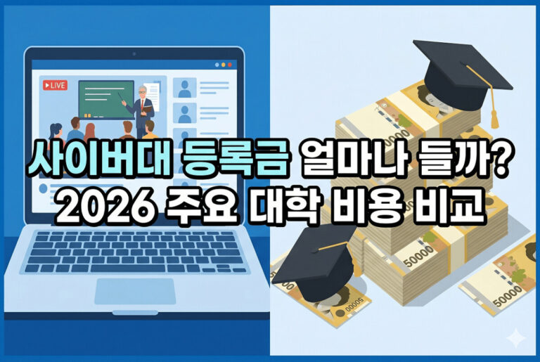 분할 디자인이 특징인 유튜브 썸네일 이미지: 왼쪽에는 노트북으로 가상 대학 강의가, 오른쪽에는 졸업식 캡이 있는 한국의 5만원권 지폐가 있습니다. 굵은 글씨로 사이버대 등록금 얼마나 들까? 2026 주요 대학 비용 비교'라고 적혀있습니다.