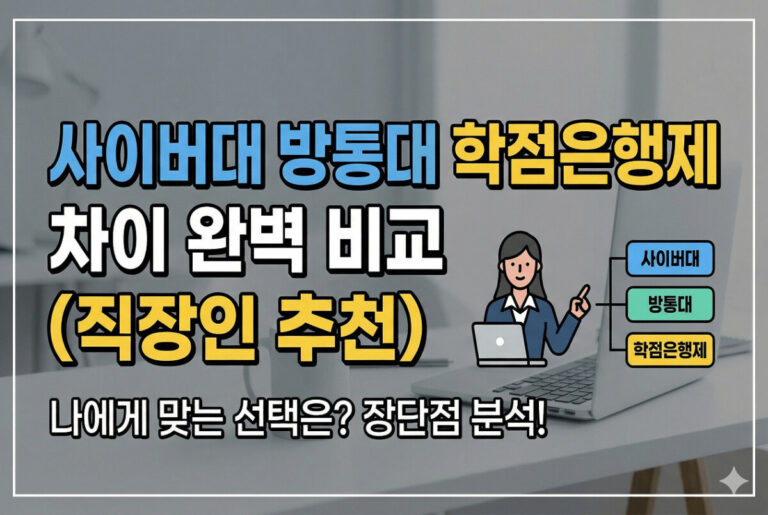 사이버대 방통대 학점은행제 차이 완벽 비교 (직장인 추천)'라는 한국어 텍스트와 노트북을 사용하는 인물 아이콘이 있는 썸네일 이미지입니다.