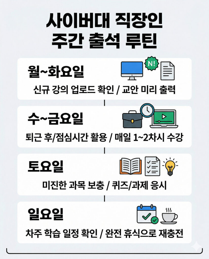 직장인 사이버대 출석 관리 루틴 인포그래픽. 월~화요일 강의 확인 및 교안 출력, 수~금요일 퇴근 후 일일 1~2차시 수강, 토요일 과목 보충 및 퀴즈 응시, 일요일 차주 일정 확인 및 휴식을 제안하며 효율적인 시간 관리를 돕습니다.