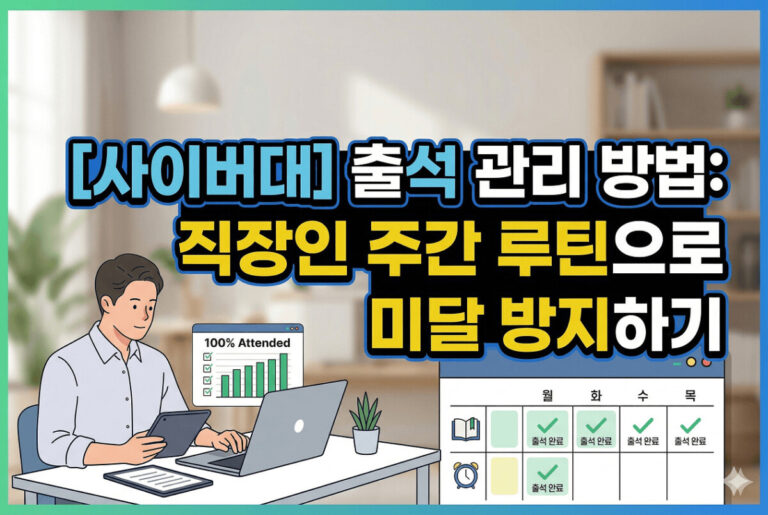 굵은 글씨 '[사이버대] 출석 관리 방법: 직장인 주간 루틴으로 미달 방지하기'는 중앙에 위치하고 선명하며 모든 색상과 그라디언트가 완벽하게 보존되어 있는 썸네일입니다.