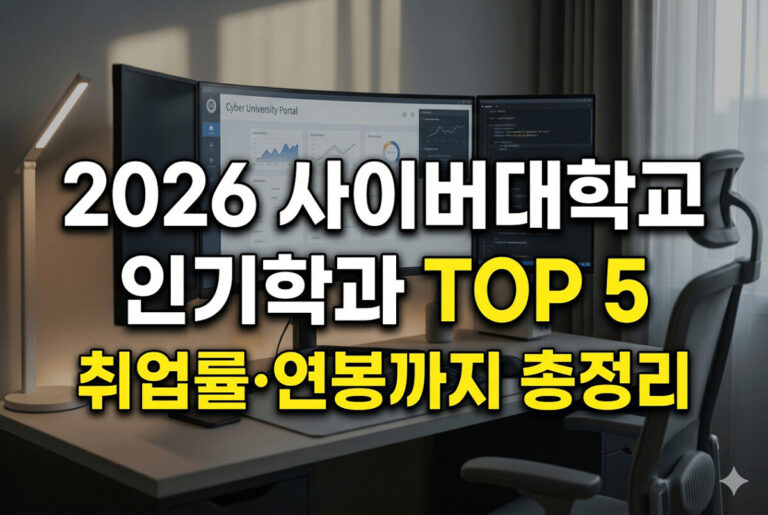 세련된 원격 근무 공간을 배경으로 한 썸네일 이미지. 듀얼 모니터에는 사이버대학 포털과 코드 편집기가 띄워져 있으며, 전면에 '2026 사이버대학교 인기학과 TOP 5'와 '취업률·연봉까지 총정리'라는 큰 한글 텍스트가 명확하게 배치되어 있다.