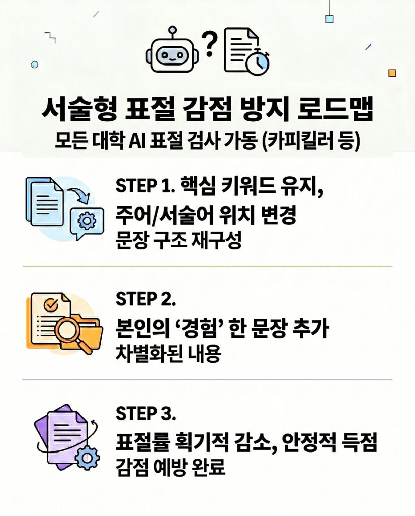 사이버대 시험 서술형 표절 방지 로드맵 인포그래픽. 핵심 키워드 유지, 주어 및 서술어 위치 변경, 본인 경험 한 문장 추가 등 표절 검사 시스템 감점을 예방하는 핵심 팁 3단계를 모바일 최적화된 미니멀 디자인으로 설명합니다.