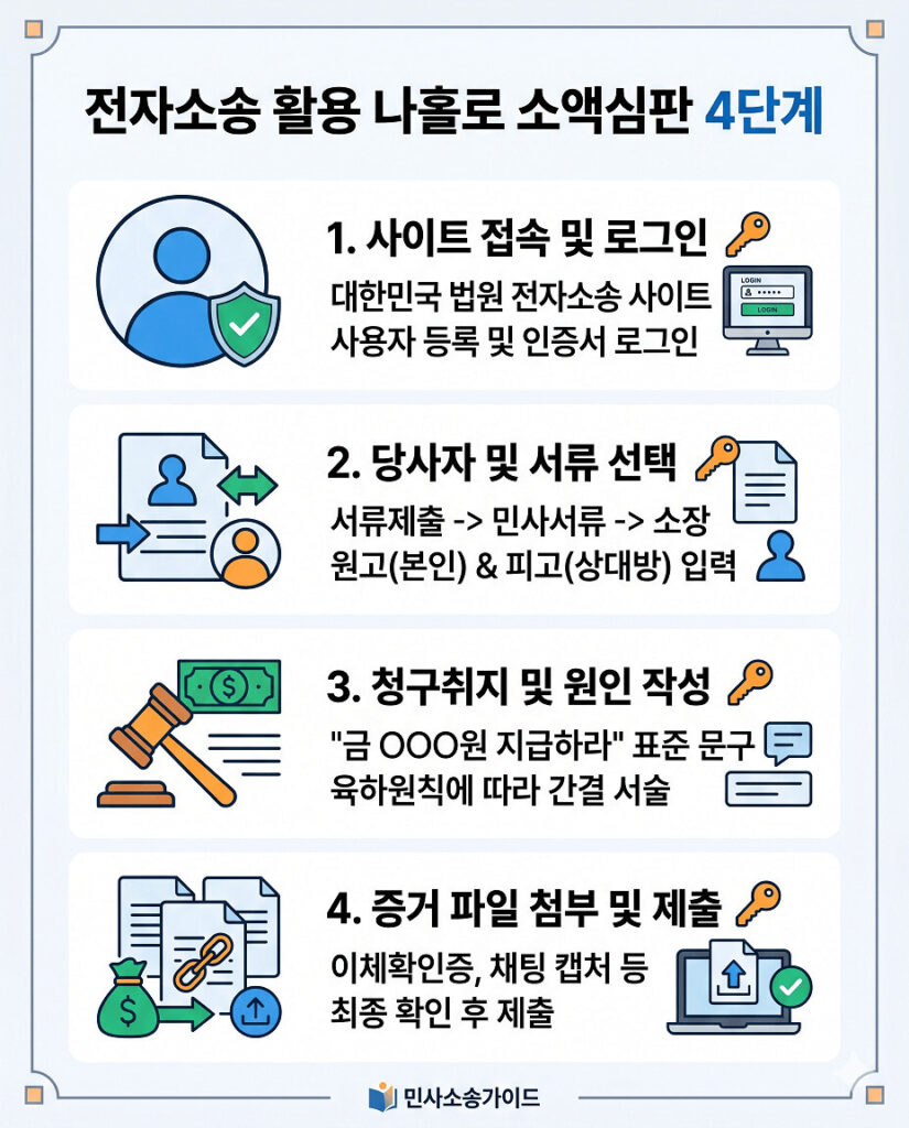 대한민국 법원 전자소송 서비스를 이용한 '나홀로 소액심판' 진행 방법을 설명하는 인포그래픽입니다. 1단계 사이트 접속 및 로그인, 2단계 당사자 및 서류 선택, 3단계 청구취지 및 원인 작성, 4단계 증거 파일 첨부 및 제출로 이어지는 구체적인 실행 단계를 아이콘과 함께 직관적으로 보여줍니다.