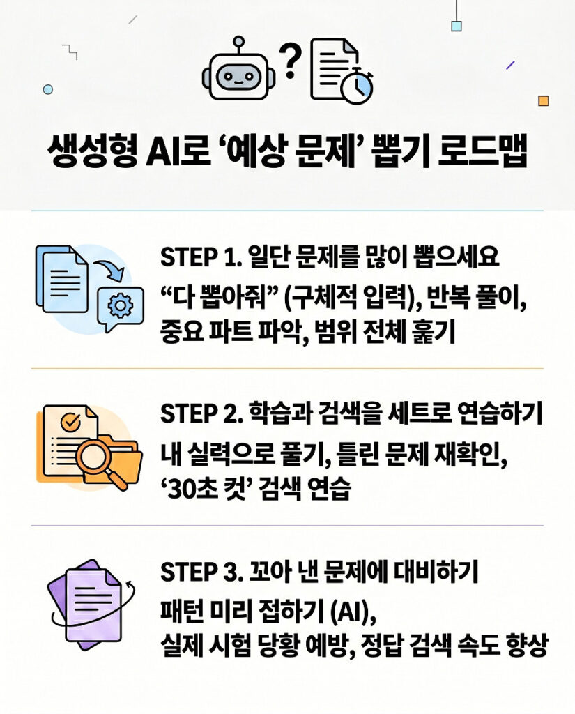 생성형 AI로 '예상 문제' 뽑기 로드맵 인포그래픽. 강의노트를 활용한 AI 문제 추출, 문제 풀이 및 정답 검색 연습, 변형 문제 대비 등 사이버대 시험 대비 실전 트레이닝 방법 3단계를 모바일 가독성을 높여 미니멀하게 설명했습니다.