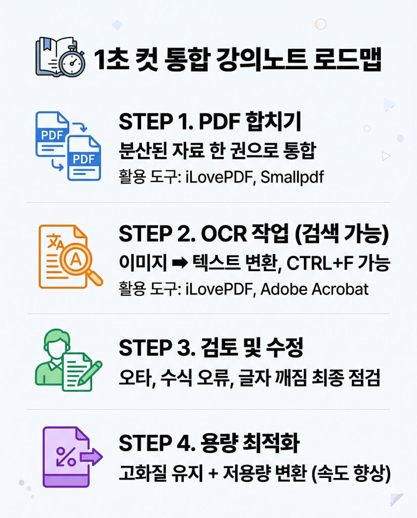 사이버대 시험을 위해 1초 컷 통합 강의노트 제작 로드맵 인포그래픽. PDF 합치기, OCR 검색 가능 변환, 오타 검토 및 수정, PDF 압축 및 용량 최적화 등 4가지 주요 단계를 도구와 함께 미니멀하게 설명하며 모바일 가독성을 최적화했습니다.