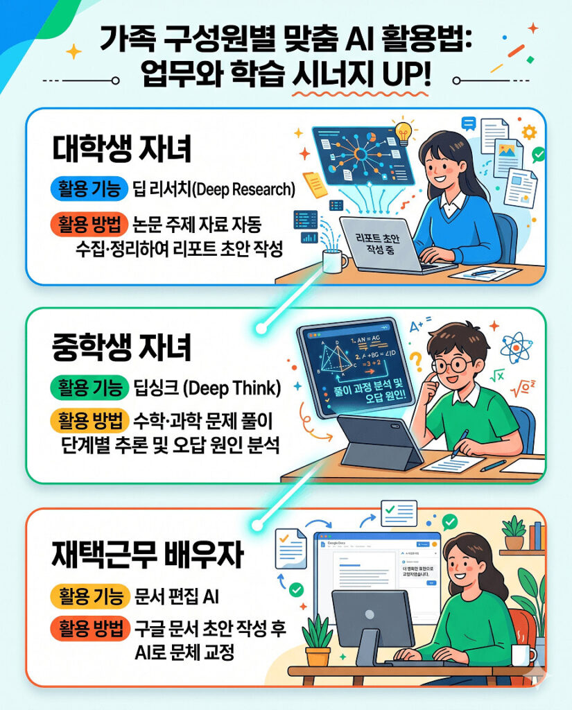 대학생, 중학생, 재택근무 직장인 이라는 가족 구성원별 각자의 상황에 가장 적합한 Google AI 기능(딥 리서치, 딥 싱크, 문서 편집)과 실제 활용 사례를 생동감 있는 일러스트로 표현한 인포그래픽입니다.