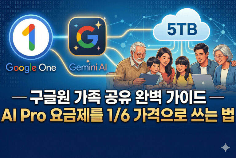 푸른색과 금색 테마의 배경에 구글원 로고, Gemini AI 로고, 5TB 클라우드 아이콘이 배치되어 있고, 태블릿과 노트북을 사용하는 대가족 일러스트와 함께 '구글원 가족 공유 완벽 가이드 — AI Pro 요금제를 1/6 가격으로 쓰는 법'이라는 굵고 선명한 한국어 텍스트가 중앙에 적힌 16:9 비율의 전문적인 블로그용 썸네일 이미지.