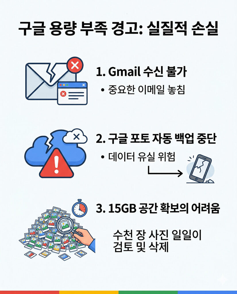 구글 드라이브 용량 부족 경고로 인한 실질적 손실 세 가지를 설명하는 미니멀 인포그래픽입니다. Gmail 수신 불가, 구글 포토 자동 백업 중단으로 인한 데이터 유실 위험, 무료 15GB 공간 확보를 위해 수천 장의 사진을 일일이 검토하고 삭제해야 하는 번거로움을 깔끔한 아이콘과 한국어 텍스트로 시각화하여 정보 전달 중심으로 구성했습니다.
