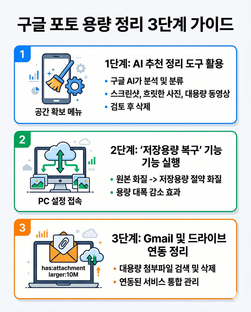 구글 포토 용량 정리를 위한 3단계 가이드 인포그래픽입니다. 1단계는 앱의 AI 공간 확보 메뉴를 통해 스크린샷과 대용량 영상을 정리하고, 2단계는 PC 설정에서 저장용량 복구로 화질을 최적화하며, 3단계는 Gmail 검색 필터를 활용해 대용량 첨부파일을 삭제하여 저장 공간을 효율적으로 비우는 방법을 설명하고 있습니다.