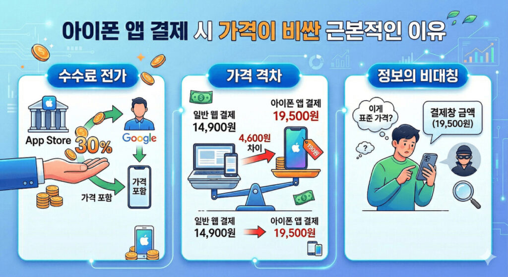 아이폰 앱 결제 가격이 비싼 3가지 근본 원인을 설명하는 인포그래픽. 첫째, 애플 앱스토어의 30% 수수료가 소비자 가격에 전가됨. 둘째, 웹 결제(14,900원) 대비 아이폰 앱 결제(19,500원)의 명확한 가격 격차 발생. 셋째, 결제창 금액을 표준 가격으로 오인하는 정보의 비대칭 현상 설명