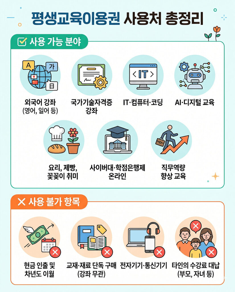 평생교육이용권 사용처를 정리한 인포그래픽입니다. 사용 가능 분야로는 외국어, 국가기술자격증, IT·코딩, AI 교육, 취미 강좌, 사이버대 및 학점은행제, 직무역량 교육이 포함됩니다. 반면 현금 인출, 강좌와 무관한 교재 단독 구매, 전자기기 구입, 타인 수강료 대납은 사용 불가 항목임을 명확하게 안내합니다.