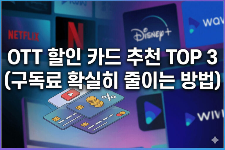 넷플릭스, 디즈니+, 웨이브와 같은 스트리밍 서비스를 위한 로고가 있는 신용카드 3장이 추상적인 화면을 배경으로 표시되어 있습니다. 상단의 큰 한글 텍스트에는 "OTT 할인 카드 추천 TOP 3"(OTT 할인 카드 추천 TOP 3)라고 적혀 있으며, 아래 작은 줄에는 "구독료 확실히 줄이는 방법"(가입비를 확실히 줄이는 방법)이라고 적혀 있습니다