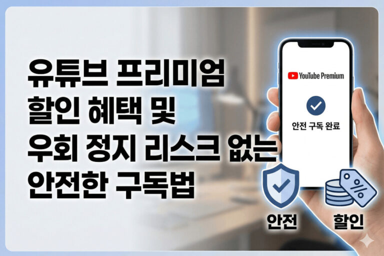 유튜브 프리미엄 서비스의 안전한 할인 혜택과 우회 결제 시 발생할 수 있는 계정 정지 리스크를 피하는 방법을 설명하는 이미지입니다