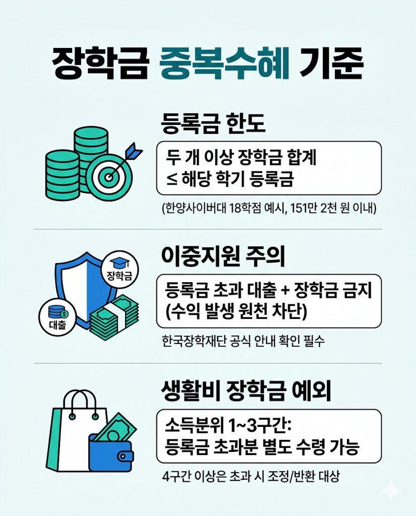 장학금 중복수혜 기준 인포그래픽. 두 개 이상 장학금 합계가 해당 학기 등록금 이내여야 함을 강조하며, 한양사이버대 18학점 예시(약 151만 원)를 포함합니다. 등록금 초과 학자금 대출과 장학금 중복을 금지하는 이중지원 주의 내용과, 소득분위 1~3구간은 등록금 초과분을 생활비 장학금으로 수령 가능한 예외 규정을 아이콘과 함께 명확히 설명합니다.