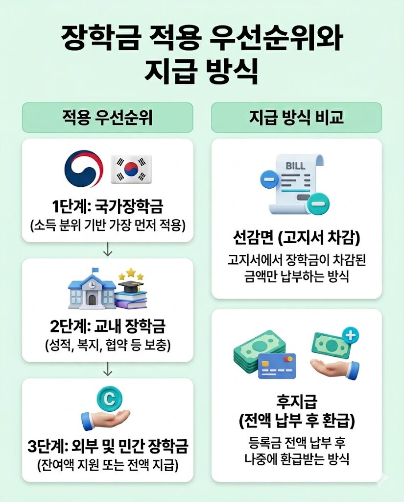장학금 수혜 우선순위와 계산 구조를 담은 인포그래픽입니다. 1단계 국가장학금, 2단계 교내 장학금, 3단계 외부 및 민간 장학금 순서로 적용됨을 설명합니다. 또한 고지서에서 즉시 차감되는 선감면 방식과 납부 후 환급되는 후지급 방식의 차이를 직관적인 아이콘으로 비교하여 정보 가독성을 최적화했습니다.