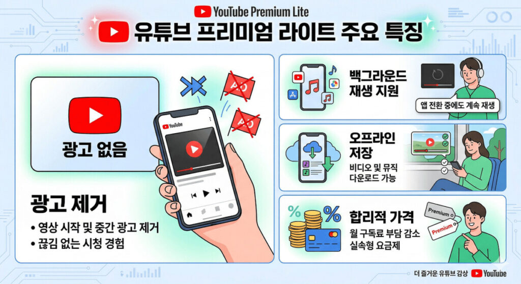 유튜브 프리미엄과 프리미엄 라이트 요금제의 비용 및 기능 비교표. 웹 및 안드로이드 기준 요금은 프리미엄 14,900원, 라이트 8,500원이며, iOS 앱 기준은 프리미엄 19,500원, 라이트 10,900원임. 광고 제거 기능의 경우 프리미엄은 전체(음악 포함) 적용되나 라이트는 음악과 쇼츠를 제외한 대부분의 영상에 적용됨. 백그라운드 재생과 오프라인 저장은 두 요금제 모두 지원하며, 유튜브 뮤직 서비스는 프리미엄에만 포함되고 라이트에는 미포함됨