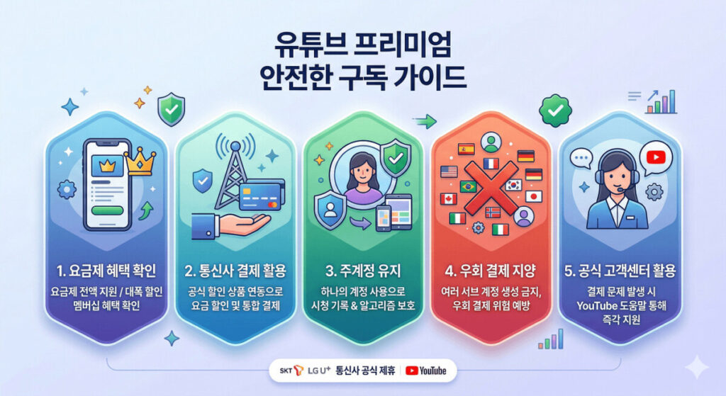 유튜브 프리미엄 할인 안전한 구독 가이드 1. 요금제 혜택 확인(멤버십 전액 지원 등), 2. 통신사 결제 활용(공식 할인 연동), 3. 주계정 유지(시청 기록 및 알고리즘 보호), 4. 우회 결제 지양(서브 계정 생성 금지 및 위험 예방), 5. 공식 고객센터 활용(결제 문제 즉각 지원) 등 5단계 안전 수칙 설명.