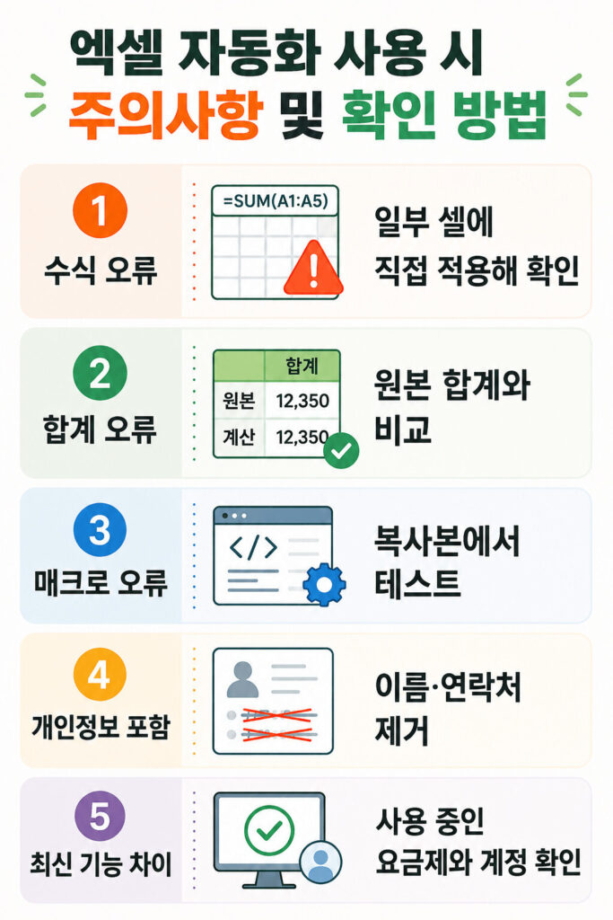 ChatGPT 엑셀 활용 작업 시 확인해야 할 수식 오류, 합계 비교, 매크로 테스트, 개인정보 제거, 최신 기능 차이를 정리한 세로형 인포그래픽 이미지