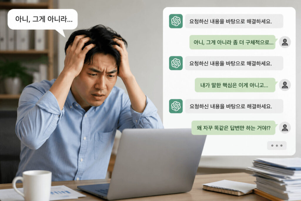 챗GPT와 반복적으로 대화하지만 원하는 답을 얻지 못해 답답해하는 직장인의 모습과 반복되는 AI 답변 채팅창을 표현한 이미지