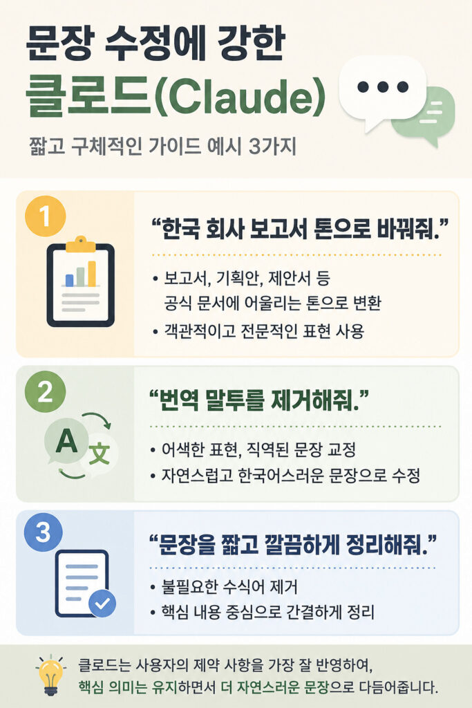 클로드(Claude)를 활용한 한국어 문장 수정 및 보고서 문체 교정 방법을 정리한 세로형 인포그래픽 이미지