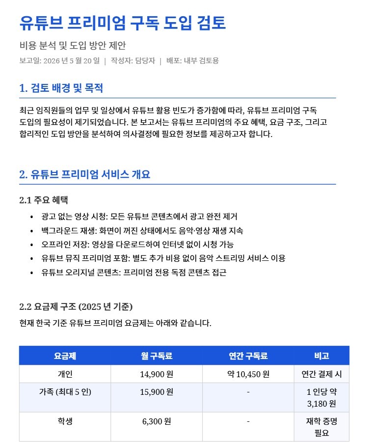 클로드로 유튜브 프리미엄 관련 보고서를 작성한 이미지로 무료 버전으로도 자연스러운 글쓰기가 가능함을 보여줌