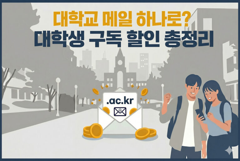 대학교 메일 하나로? 대학생 구독 할인 총정리'라고 쓰인 플랫 일러스트레이션. 대학 캠퍼스 배경에 배낭을 멘 두 대학생이 스마트폰을 보며 기뻐하고, 중앙에 '.ac.kr' 이메일 봉투와 황금 동전이 떠 있다
