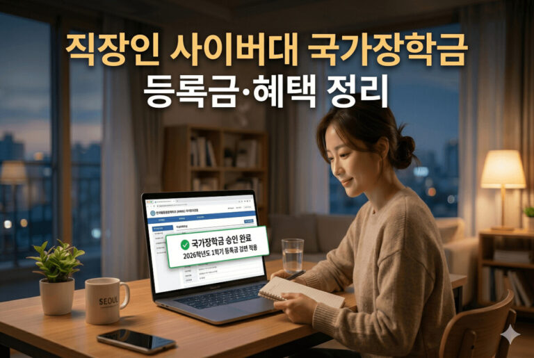 사이버대학교 홈페이지의 국가장학금 승인 화면을 보며 기뻐하는 30대 직장인의 모습과 '직장인 사이버대 국가장학금 가능할까? 등록금·혜택까지 한 번에 정리'라는 문구가 포함