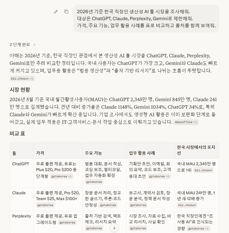 구체적인 조사 범위를 지정한 후 퍼플렉시티 시장조사를 한 결과 화면을 보여주는 예시 이미지