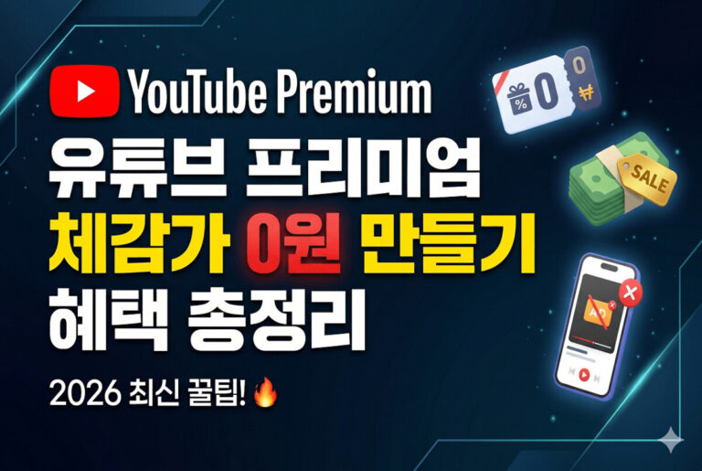 밝고 세련된 배경 위에 '유튜브 프리미엄 0원 혜택 총정리'라는 크고 굵은 한국어 텍스트가 중앙에 배치된 16:9 비율의 유튜브 썸네일 이미지. 유튜브 로고와 할인 혜택을 상징하는 시각적 요소가 포함되어 있으며 깔끔한 블로그 스타일로 디자인됨