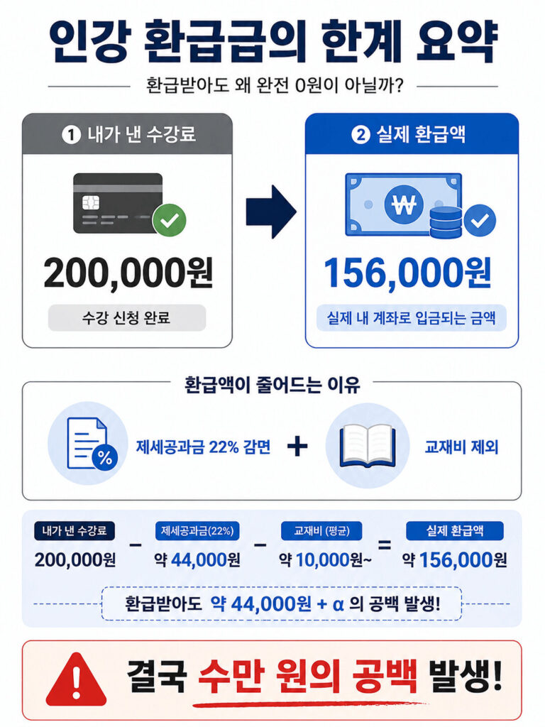 인강 수강료 환급, 정말 0원이 될까요? 이 인포그래픽을 확인해보세요! 20만 원 결제 후 환급을 받아도 제세공과금(22%)과 교재비가 공제되어 실제로는 15만 6천 원만 환급됩니다. "100% 환급"이라는 말에 속지 말고, 실제로는 수만 원의 본인 부담금이 발생할 수 있다는 점을 꼭 기억하세요!