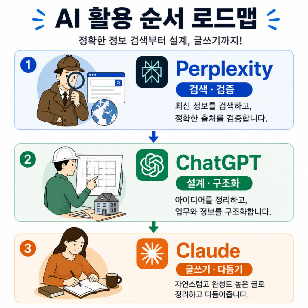 챗GPT 클로드 퍼플렉시티 비교와 핵심 역할 차이를 한눈에 보여주는 AI 도구 분류 지도 이미지로 설계와 구조화, 글쓰기와 문서 작성, 검색과 출처 검증 활용법을 비교한 인포그래픽