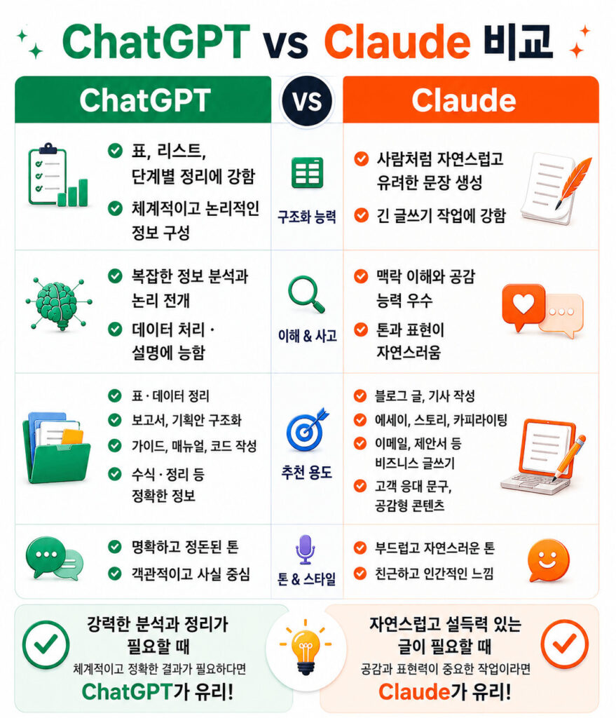 ChatGPT와 Claude의 주요 특징을 비교한 세로형 인포그래픽으로 구조화 능력, 분석력, 추천 활용 업무, 문장 스타일 차이를 한눈에 정리한 비교 이미지