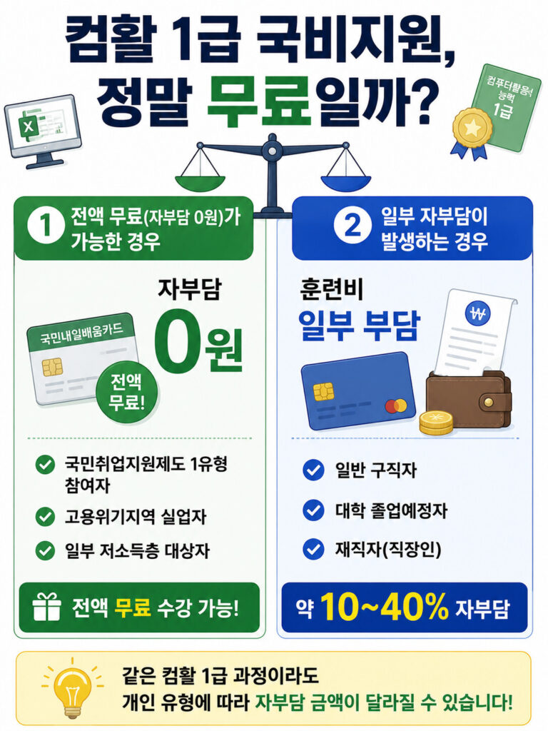 컴퓨터활용능력 1급 국비지원 과정의 자부담 여부를 비교한 인포그래픽으로 국민취업지원제도 1유형 참여자와 일부 저소득층은 자부담 0원으로 수강할 수 있고, 일반 구직자와 재직자는 훈련비의 일부를 부담해야 하는 내용을 설명하는 이미지