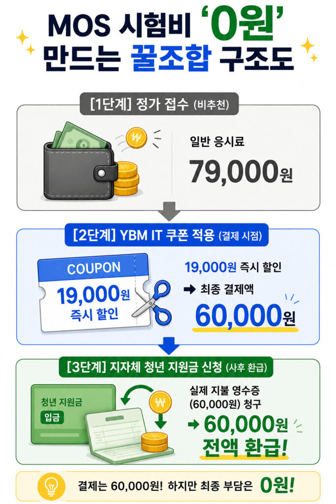 MOS 자격증 응시료 할인 방법을 설명하는 이미지로 정가 접수, YBM IT 할인쿠폰 적용, 지자체 청년 지원금 환급 신청 과정을 통해 최종 부담액을 0원으로 줄이는 절차를 단계별로 정리한 인포그래픽