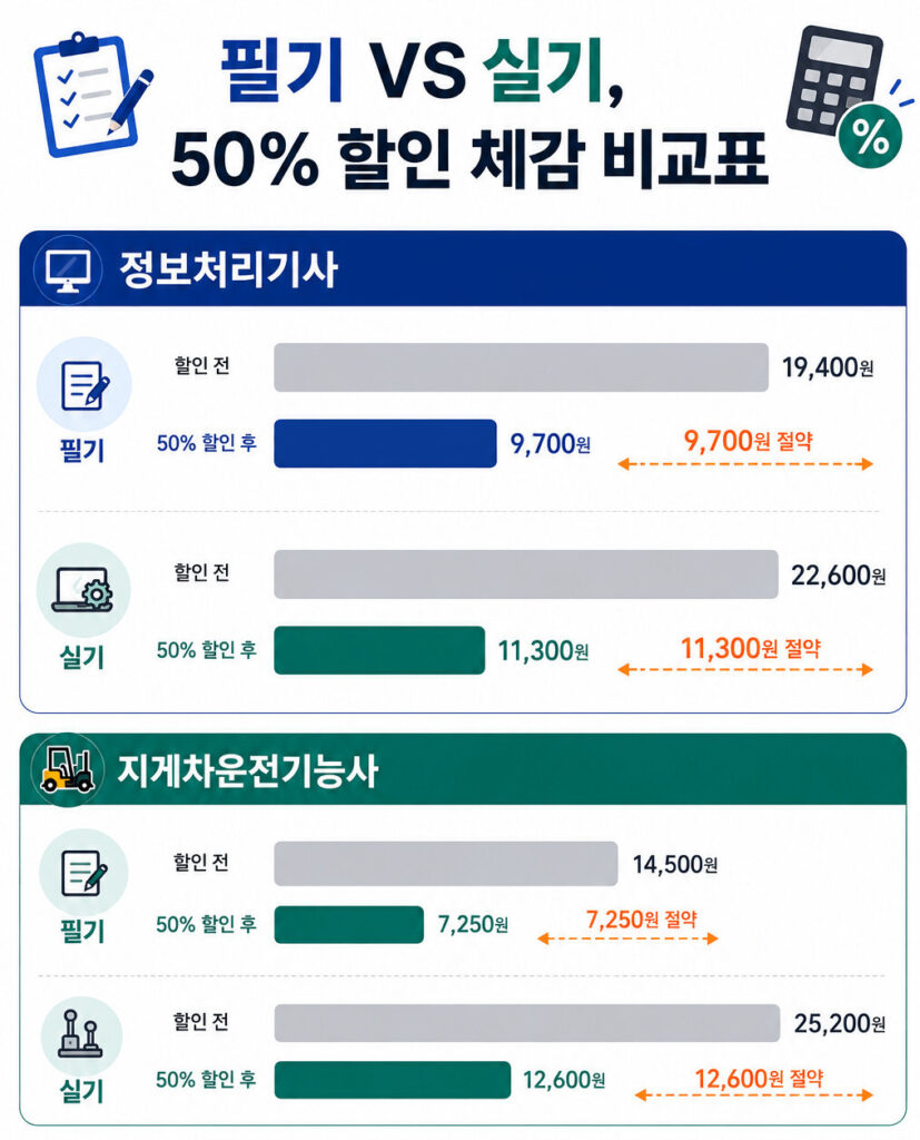 큐넷 응시료 50% 할인 적용 시 정보처리기사와 지게차운전기능사의 필기·실기 응시료를 비교한 인포그래픽으로 할인 전 금액, 할인 후 금액, 절약 금액을 한눈에 보여주는 이미지